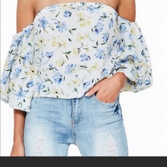 Missguided Tops - Missguided Off The Shoulder Floral Puffball Sleeve Top